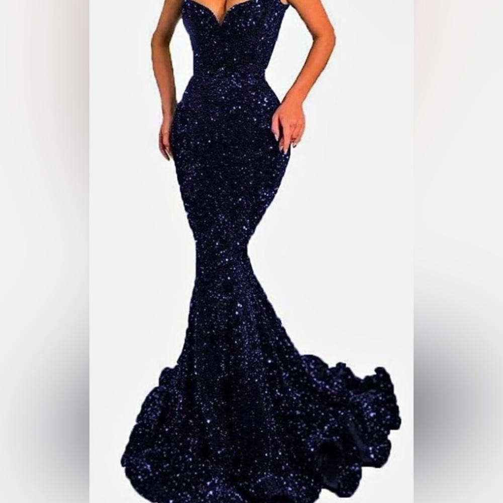 dark navy blue dress mermaid style very slim to your waist worn once senior prom